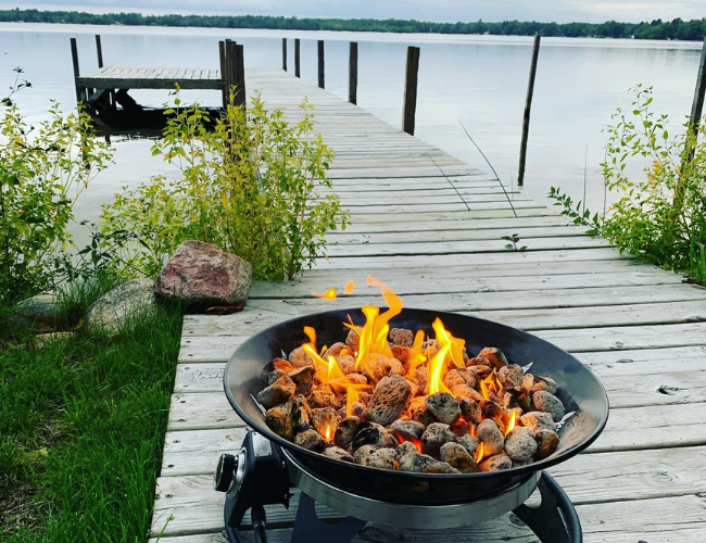 On the dock in Michigan with our Outland Living propane fire pit.